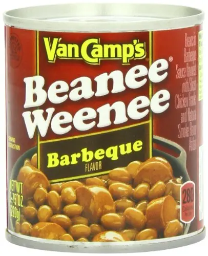 Pack of Van Camp's Barbeque Beanee Weenee canned beans with franks