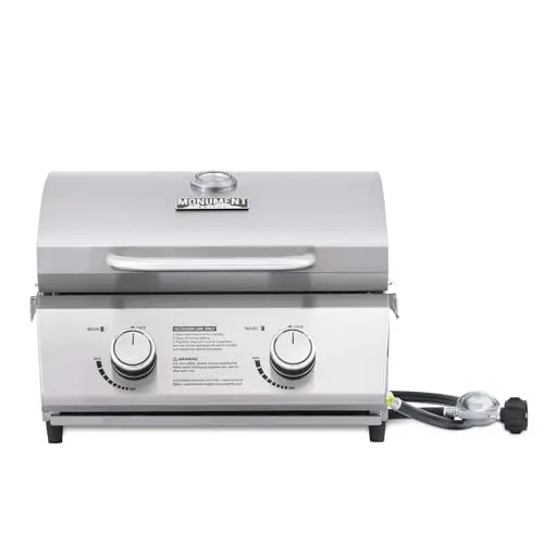 Monument Grills stainless steel tabletop propane grill with high lid and thermometer