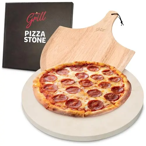 Hans Grill circular 15-inch pizza stone with a wooden peel