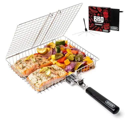 SHIZZO deep stainless steel grill basket set with brush, skewers, and case