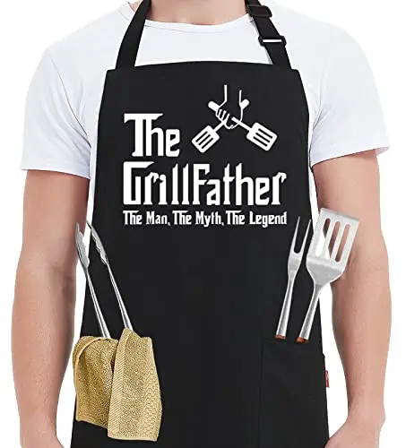 Kaidouma black cotton funny BBQ apron with text The Grillfather