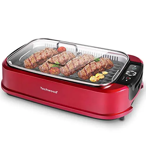 TECHWOOD 1500W electric smokeless indoor grill with rose red color and tempered glass lid