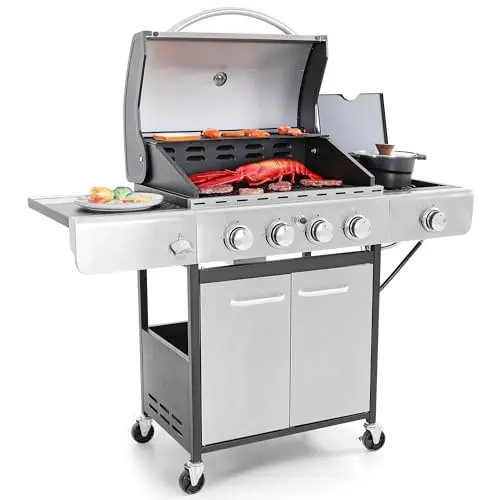 Captiva Designs silver 4-burner propane gas grill with side burner and cabinet.