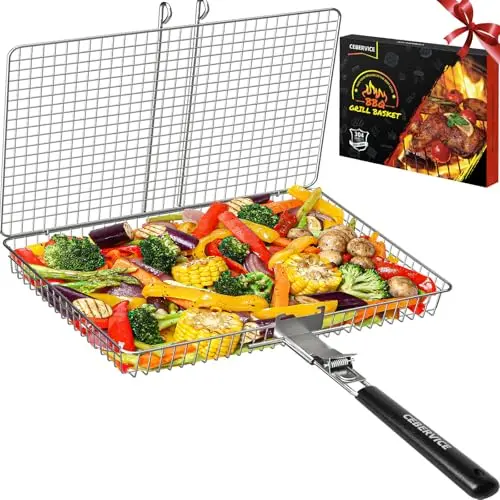 CEBERVICE extra large stainless steel grill basket holding a whole fish and vegetables