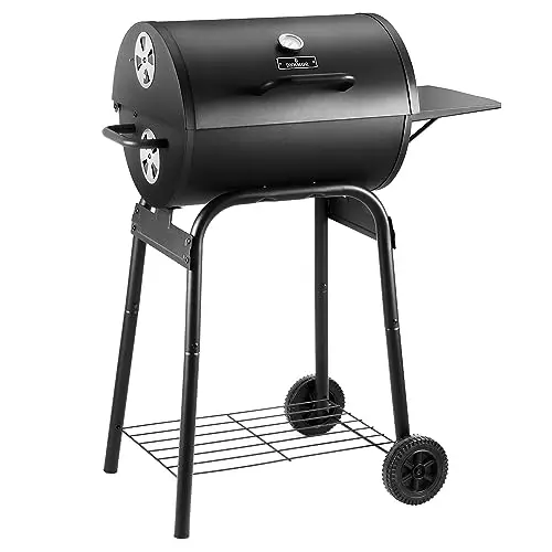 Black DNKMOR barrel-style charcoal grill with a side shelf and wheels.