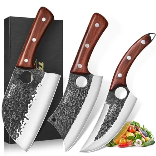 Topfeel 3-piece hand forged butcher knife set with a Serbian chef knife, meat cleaver, and Viking knife with rosewood handles