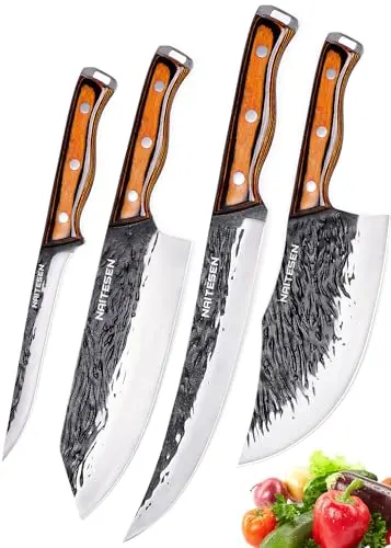 Naitesen 4-piece hand forged butcher knife set including cleaver, breaking knife, chef knife, and boning knife in a gift box