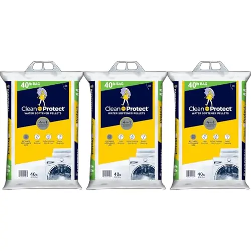 Three 40-pound bags of Morton Clean and Protect water softener salt pellets.