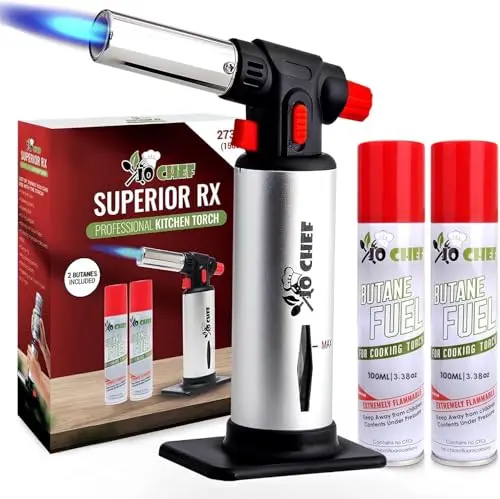 Jo Chef silver and black kitchen torch with two included butane cans