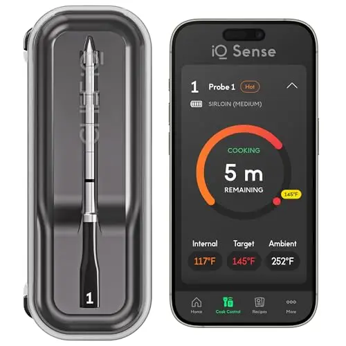 CHEF iQ Sense smart wireless meat thermometer hub and ultra-thin probe.