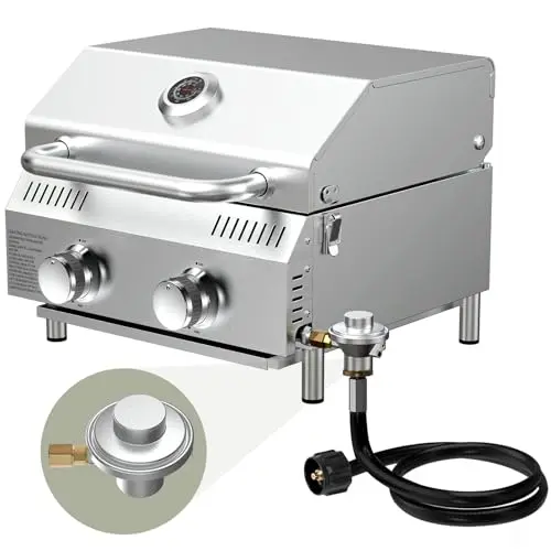Bestfire stainless steel portable tabletop gas grill with dual connection hoses