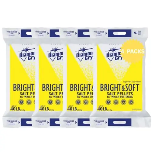 Four bags of Diamond Crystal high-purity, anti-caking water softener salt pellets.