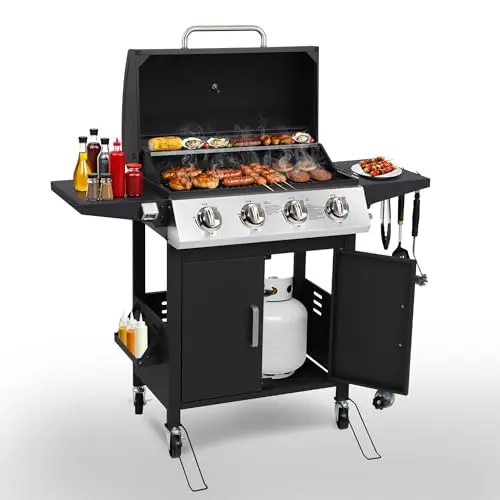 HUGROVE compact black propane BBQ grill with folding side tables and wheels.