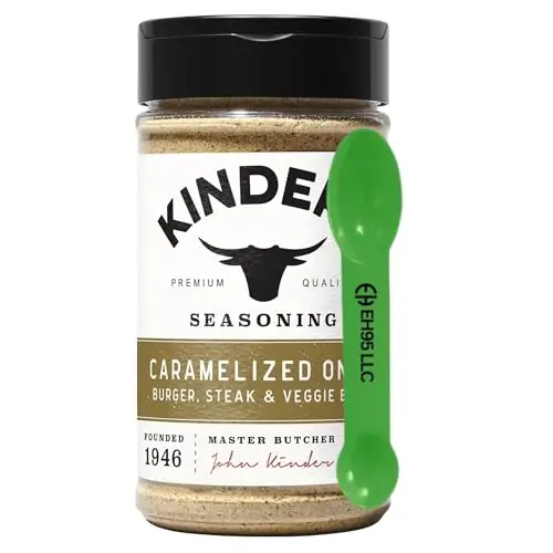 Kinders Caramelized Onion Seasoning bottle with a dual-opening lid and included measuring spoon